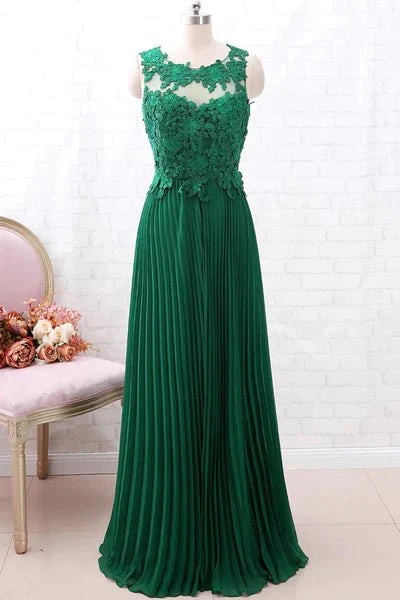 A Line Round Neck Green Lace Long Prom Dress Bridesmaid Dress, Open Back Lace Green Formal Dress, Green Lace Evening Dress - RongMoon