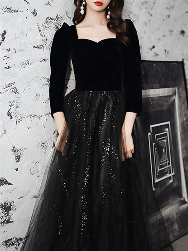 A-Line Sparkle Elegant Prom Formal Evening Dress Square Neck Sweetheart Neckline Long Sleeve Floor Length Tulle Velvet with Pleats Sequin - RongMoon
