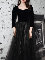 A-Line Sparkle Elegant Prom Formal Evening Dress Square Neck Sweetheart Neckline Long Sleeve Floor Length Tulle Velvet with Pleats Sequin - RongMoon