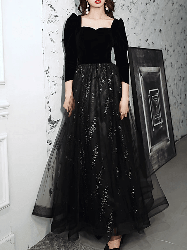 A-Line Sparkle Elegant Prom Formal Evening Dress Square Neck Sweetheart Neckline Long Sleeve Floor Length Tulle Velvet with Pleats Sequin - RongMoon