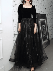 A-Line Sparkle Elegant Prom Formal Evening Dress Square Neck Sweetheart Neckline Long Sleeve Floor Length Tulle Velvet with Pleats Sequin - RongMoon