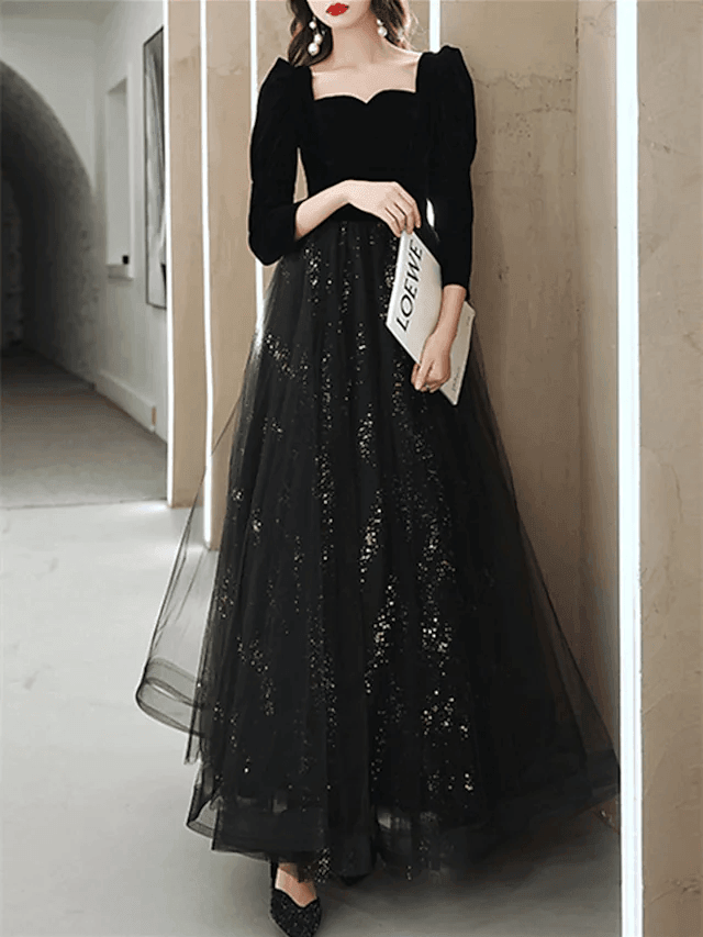 A-Line Sparkle Elegant Prom Formal Evening Dress Square Neck Sweetheart Neckline Long Sleeve Floor Length Tulle Velvet with Pleats Sequin - RongMoon