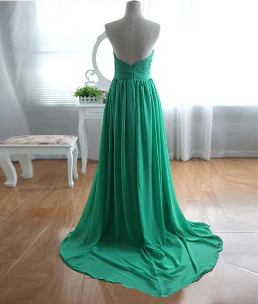 A-Line Strapless Sweetheart Neck Green Chiffon Long Prom Dresses, Green Evening Dresses - RongMoon