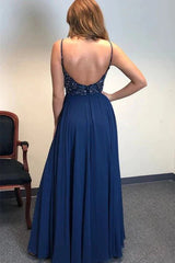 A Line V Neck Backless Beaded Navy Blue Prom Dresses with Slit, Backless Navy Blue Formal Dresses, V Neck Navy Blue Evening Dresses - RongMoon