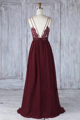 A Line V Neck Burgundy Chiffon Long Prom Dress with Lace Back, V Neck Lace Back Burgundy Formal Graduation Evening Dress - RongMoon