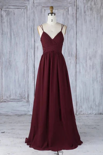 A Line V Neck Burgundy Chiffon Long Prom Dress with Lace Back, V Neck Lace Back Burgundy Formal Graduation Evening Dress - RongMoon