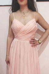 A Line V Neck Pink Chiffon Long Prom Dress, V Necn Pink Formal Graduation Evening Dress, Pink Bridesmaid Dress - RongMoon