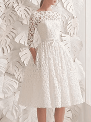 A-Line Wedding Dresses Jewel Neck Knee Length Lace 3/4 Length Sleeve Vintage 1950s with Sashes / Ribbons Appliques - RongMoon