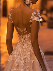 A-Line Wedding Dresses V Neck Court Train Tulle Sleeveless Country Plus Size with Draping Appliques - RongMoon