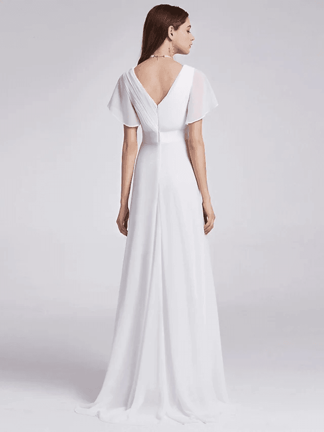 A-Line Wedding Dresses V Neck Floor Length Chiffon Short Sleeve Simple Little White Dress with Draping - RongMoon