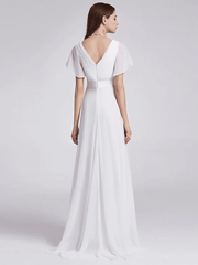 A-Line Wedding Dresses V Neck Floor Length Chiffon Short Sleeve Simple Little White Dress with Draping - RongMoon