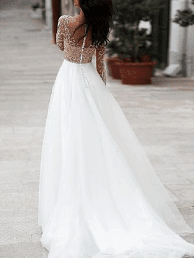 A-Line Wedding Dresses V Neck Floor Length Tulle Long Sleeve Romantic Beach Boho See-Through Illusion Sleeve - RongMoon