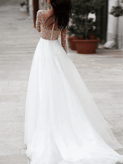 A-Line Wedding Dresses V Neck Floor Length Tulle Long Sleeve Romantic Beach Boho See-Through Illusion Sleeve - RongMoon