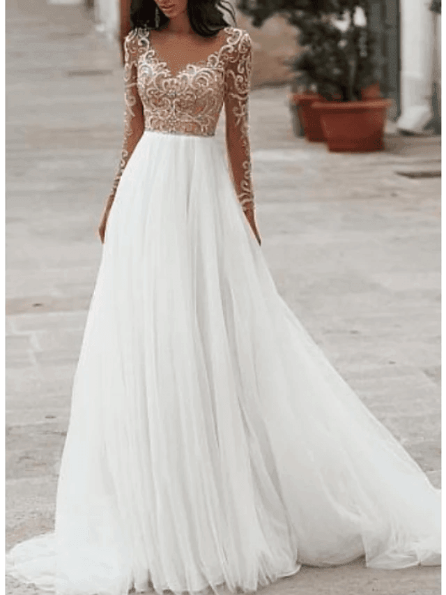 A-Line Wedding Dresses V Neck Floor Length Tulle Long Sleeve Romantic Beach Boho See-Through Illusion Sleeve - RongMoon