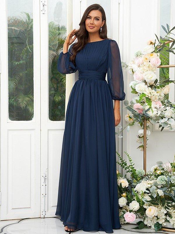 A-Line/Princess 30D Chiffon Ruffles Scoop Long Sleeves Floor-Length Bridesmaid Dresse - RongMoon