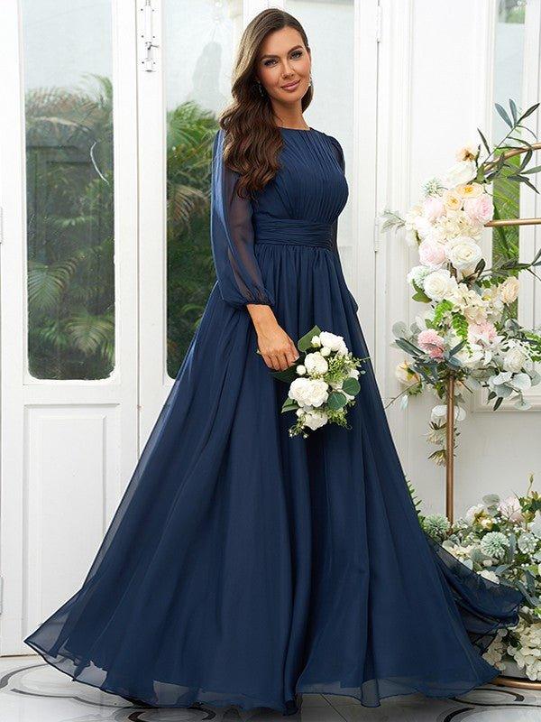 A-Line/Princess 30D Chiffon Ruffles Scoop Long Sleeves Floor-Length Bridesmaid Dresse - RongMoon