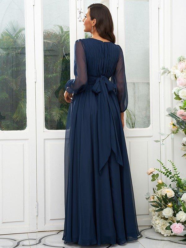 A-Line/Princess 30D Chiffon Ruffles Scoop Long Sleeves Floor-Length Bridesmaid Dresse - RongMoon
