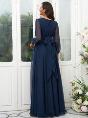 A-Line/Princess 30D Chiffon Ruffles Scoop Long Sleeves Floor-Length Bridesmaid Dresse - RongMoon