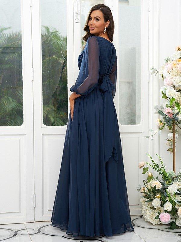 A-Line/Princess 30D Chiffon Ruffles Scoop Long Sleeves Floor-Length Bridesmaid Dresse - RongMoon