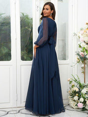 A-Line/Princess 30D Chiffon Ruffles Scoop Long Sleeves Floor-Length Bridesmaid Dresse - RongMoon