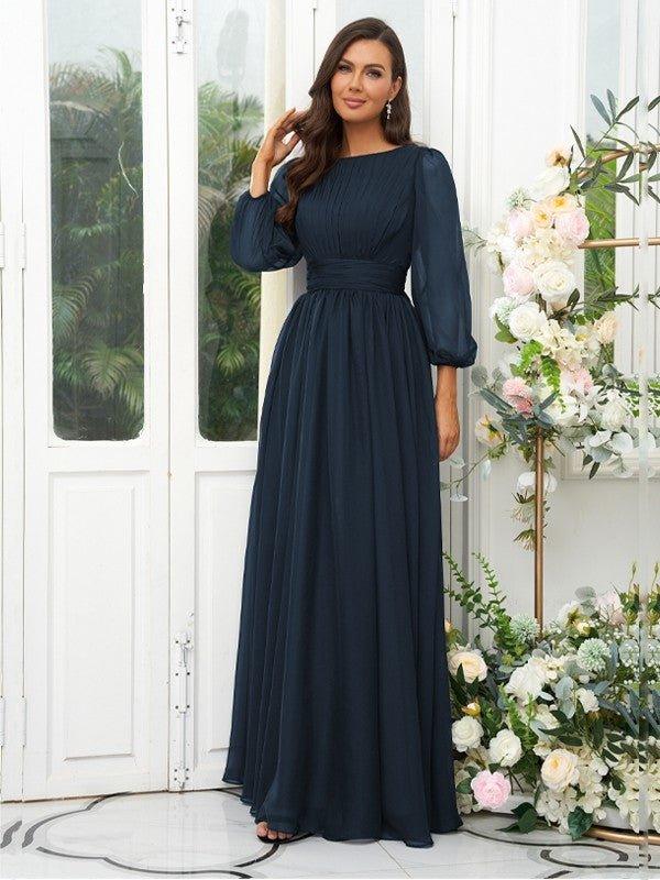 A-Line/Princess 30D Chiffon Ruffles Scoop Long Sleeves Floor-Length Bridesmaid Dresses - RongMoon