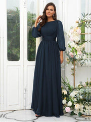 A-Line/Princess 30D Chiffon Ruffles Scoop Long Sleeves Floor-Length Bridesmaid Dresses - RongMoon