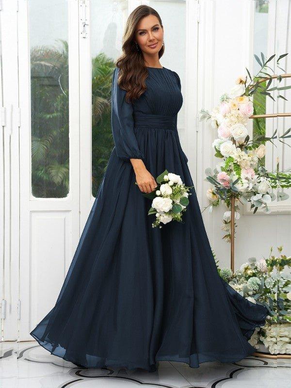 A-Line/Princess 30D Chiffon Ruffles Scoop Long Sleeves Floor-Length Bridesmaid Dresses - RongMoon