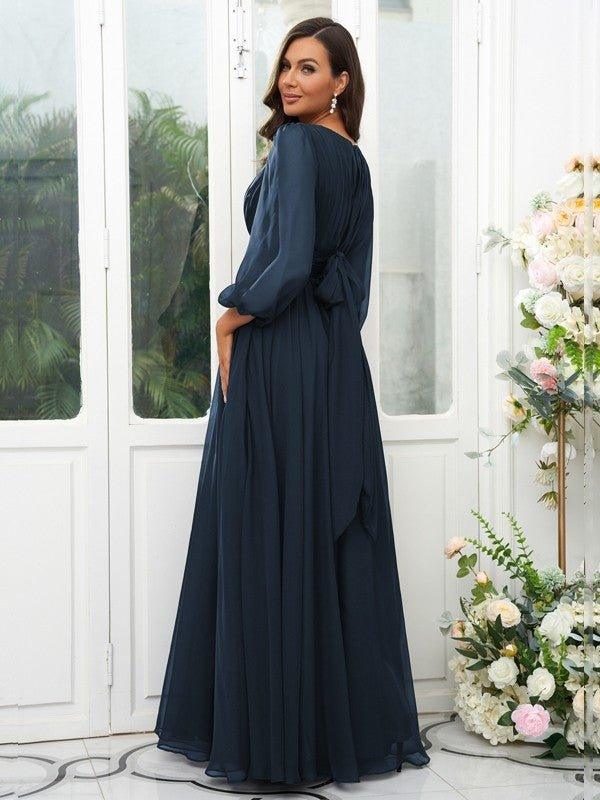 A-Line/Princess 30D Chiffon Ruffles Scoop Long Sleeves Floor-Length Bridesmaid Dresses - RongMoon