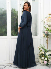 A-Line/Princess 30D Chiffon Ruffles Scoop Long Sleeves Floor-Length Bridesmaid Dresses - RongMoon