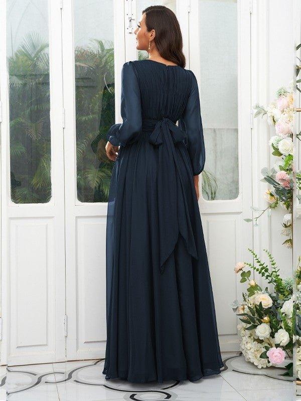 A-Line/Princess 30D Chiffon Ruffles Scoop Long Sleeves Floor-Length Bridesmaid Dresses - RongMoon