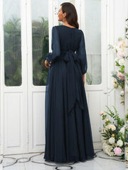 A-Line/Princess 30D Chiffon Ruffles Scoop Long Sleeves Floor-Length Bridesmaid Dresses - RongMoon