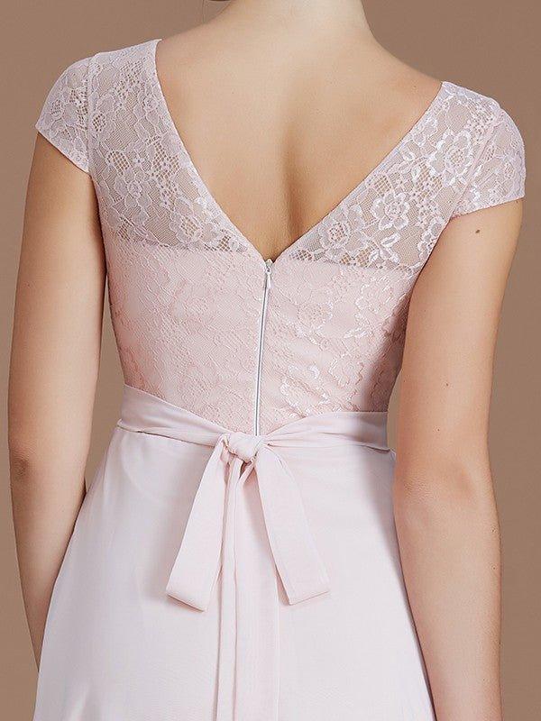 A-Line/Princess Bateau Sleeveless Lace Floor-Length Chiffon Bridesmaid Dresses - RongMoon