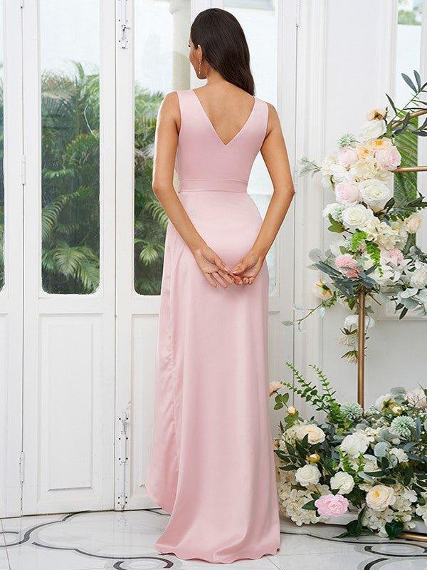 A-Line/Princess Charmeuse Ruched V-neck Sleeveless Sweep/Brush Train Bridesmaid Dresses - RongMoon