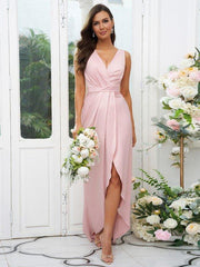 A-Line/Princess Charmeuse Ruched V-neck Sleeveless Sweep/Brush Train Bridesmaid Dresses - RongMoon