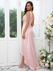 A-Line/Princess Charmeuse Ruched V-neck Sleeveless Sweep/Brush Train Bridesmaid Dresses - RongMoon