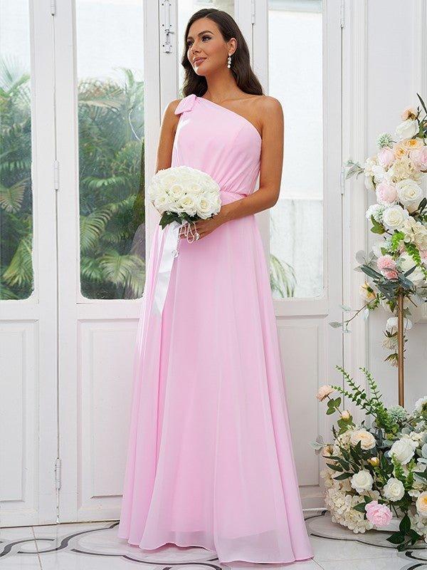 A-Line/Princess Chiffon Bowknot One-Shoulder Sleeveless Floor-Length Bridesmaid Dresses - RongMoon