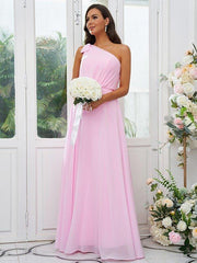 A-Line/Princess Chiffon Bowknot One-Shoulder Sleeveless Floor-Length Bridesmaid Dresses - RongMoon