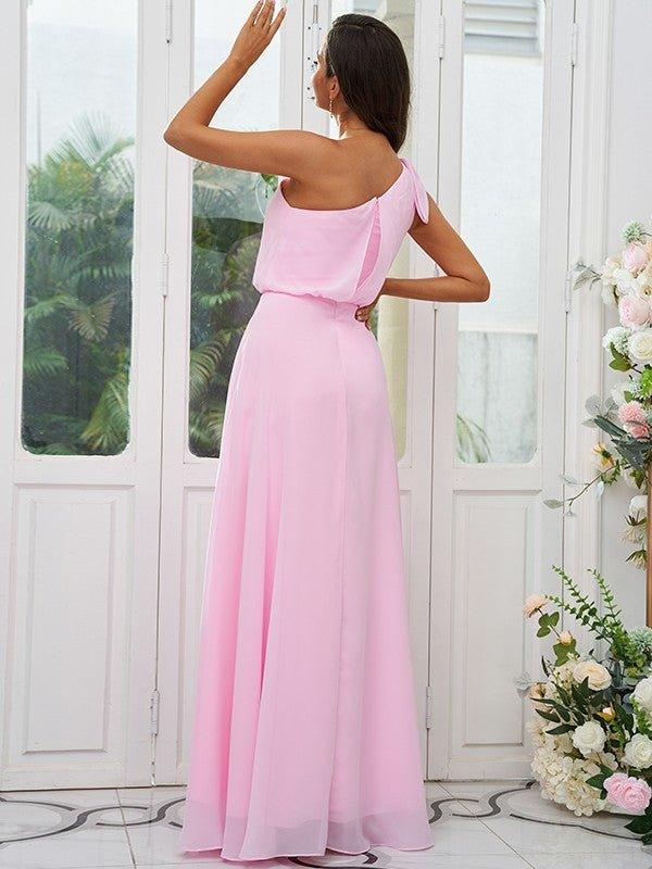 A-Line/Princess Chiffon Bowknot One-Shoulder Sleeveless Floor-Length Bridesmaid Dresses - RongMoon