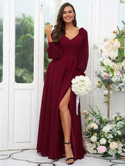 A-Line/Princess Chiffon Bowknot V-neck Long Sleeves Floor-Length Bridesmaid Dresses - RongMoon
