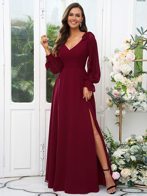 A-Line/Princess Chiffon Bowknot V-neck Long Sleeves Floor-Length Bridesmaid Dresses - RongMoon