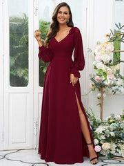 A-Line/Princess Chiffon Bowknot V-neck Long Sleeves Floor-Length Bridesmaid Dresses - RongMoon