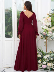 A-Line/Princess Chiffon Bowknot V-neck Long Sleeves Floor-Length Bridesmaid Dresses - RongMoon