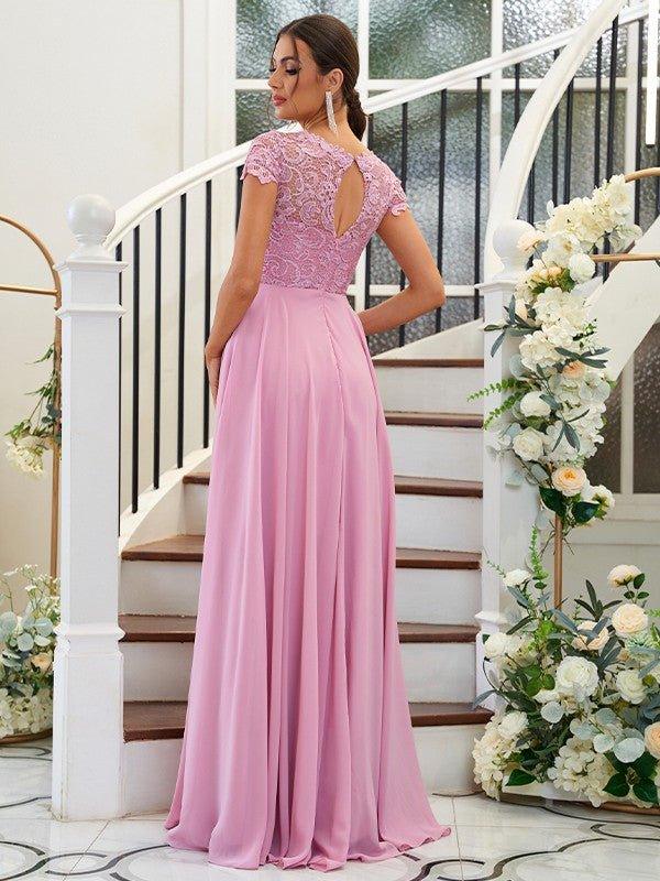 A-Line/Princess Chiffon Lace Scoop Short Sleeves Floor-Length Bridesmaid Dresses - RongMoon