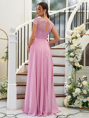 A-Line/Princess Chiffon Lace Scoop Short Sleeves Floor-Length Bridesmaid Dresses - RongMoon