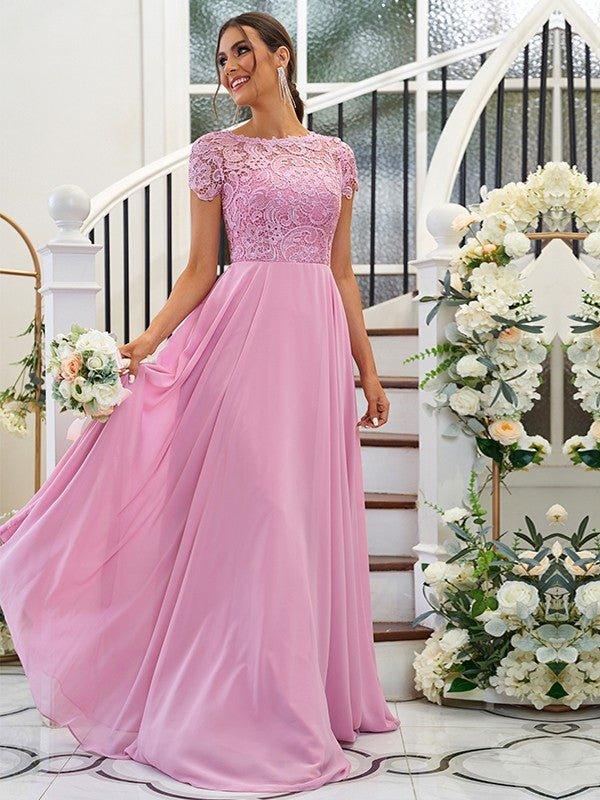 A-Line/Princess Chiffon Lace Scoop Short Sleeves Floor-Length Bridesmaid Dresses - RongMoon