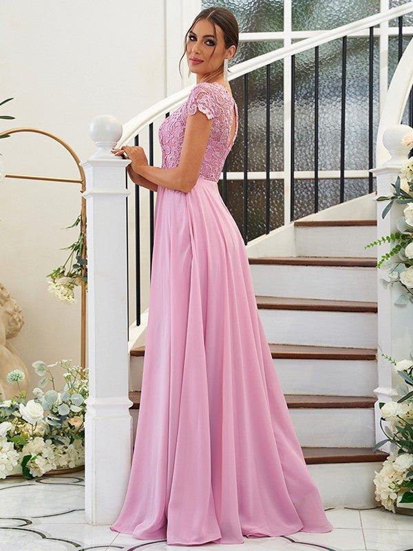 A-Line/Princess Chiffon Lace Scoop Short Sleeves Floor-Length Bridesmaid Dresses - RongMoon