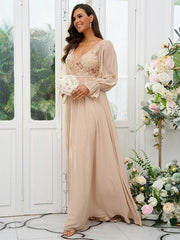 A-Line/Princess Chiffon Lace V-neck Long Sleeves Sweep/Brush Train Bridesmaid Dresses - RongMoon