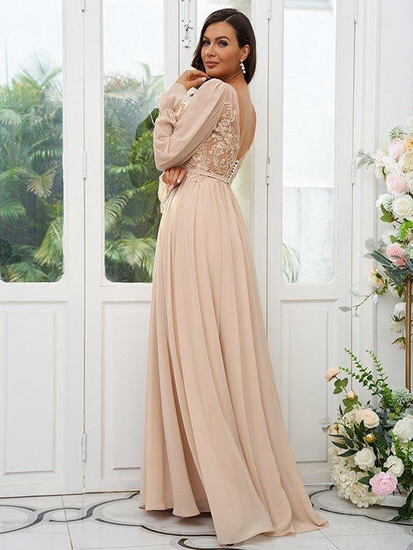 A-Line/Princess Chiffon Lace V-neck Long Sleeves Sweep/Brush Train Bridesmaid Dresses - RongMoon