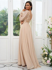 A-Line/Princess Chiffon Lace V-neck Long Sleeves Sweep/Brush Train Bridesmaid Dresses - RongMoon