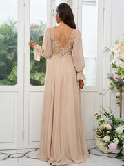 A-Line/Princess Chiffon Lace V-neck Long Sleeves Sweep/Brush Train Bridesmaid Dresses - RongMoon